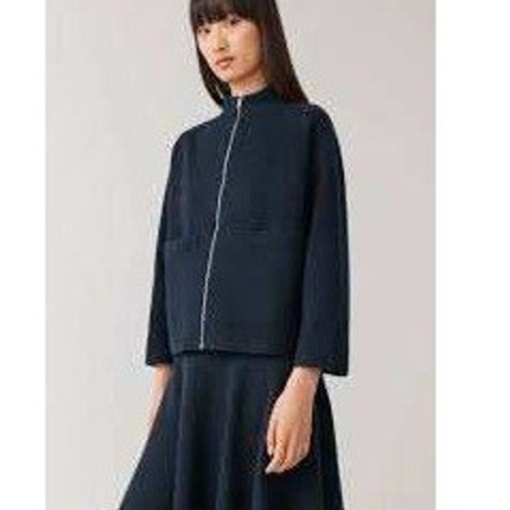 COS Women Navy Blue 100% Wool Zip Front Mock Neck Cardigan Jacket Size XS